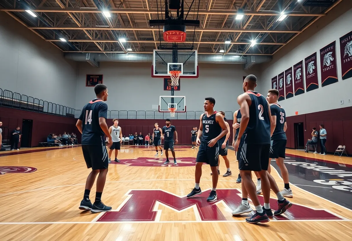 Mississippi State basketball team practicing together on the court