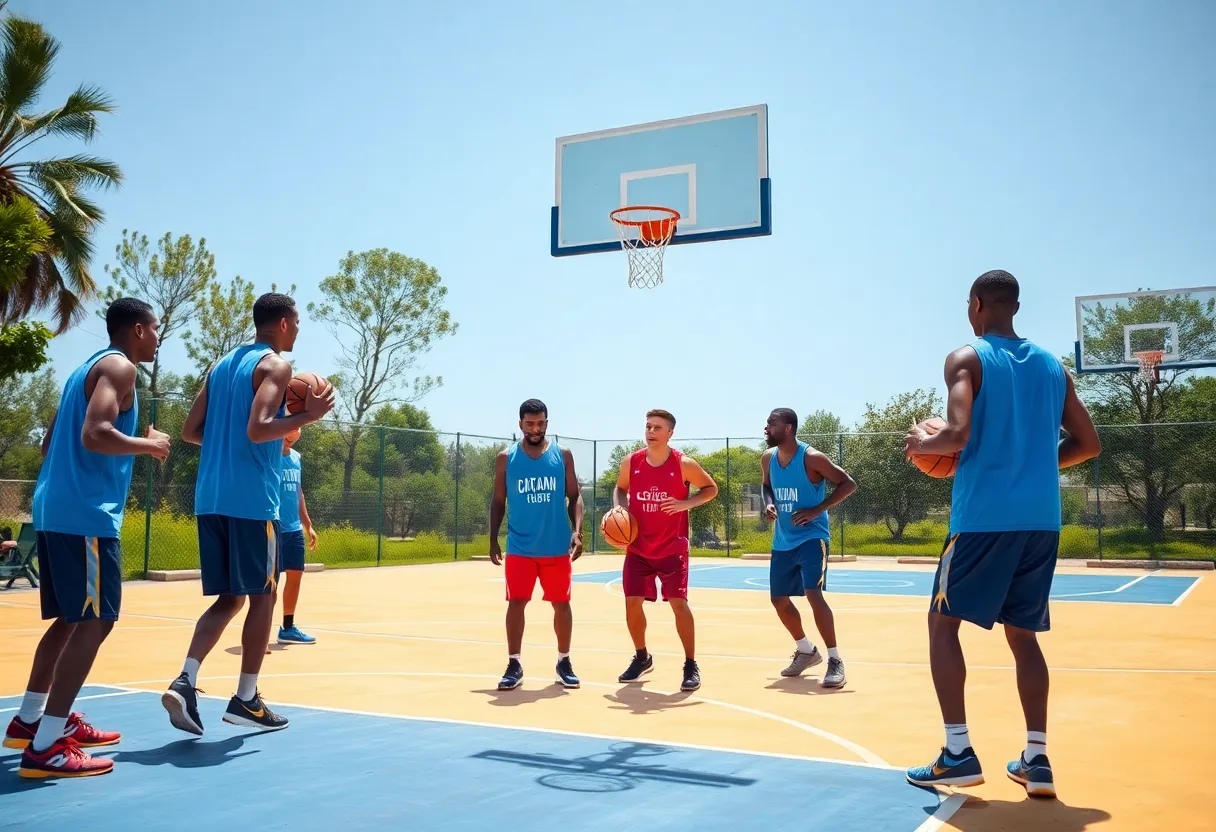 Mississippi State basketball players training together during summer workouts.