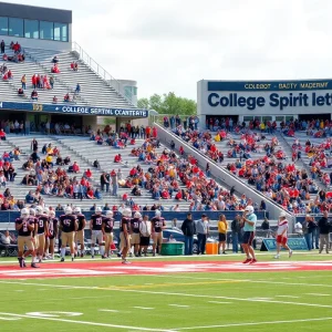 Football players practicing at Mississippi State Stadium