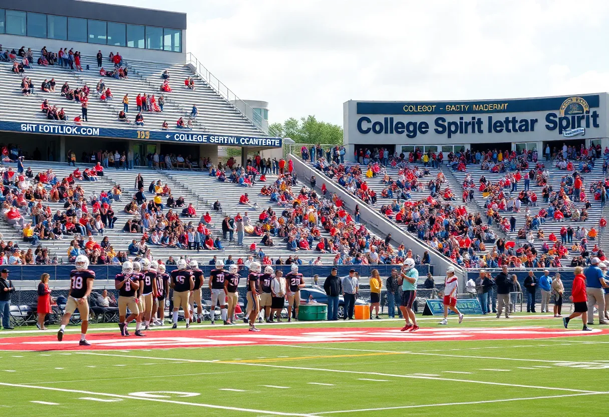 Football players practicing at Mississippi State Stadium
