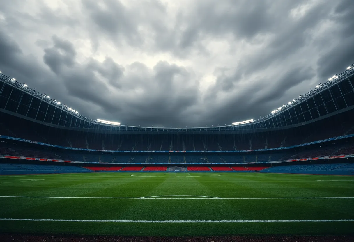 Soccer field with stormy weather representing a canceled game.