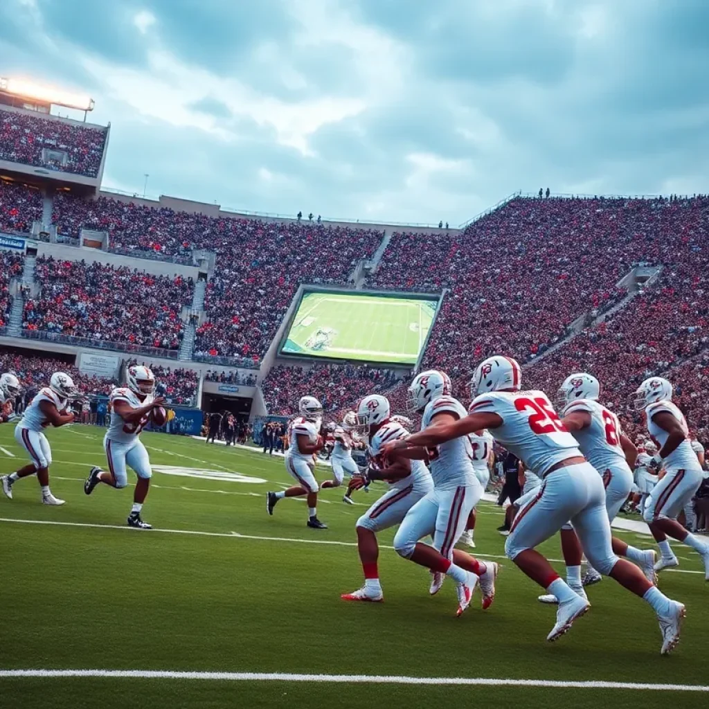 Mississippi State football team playing on the field during a game.