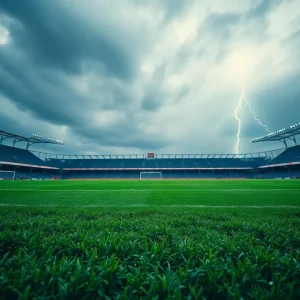 Soccer field impacted by severe weather with rain and lightning