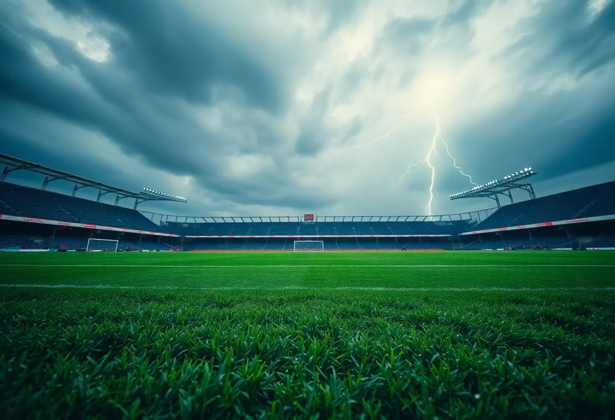Soccer field impacted by severe weather with rain and lightning