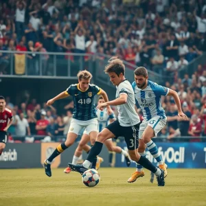 Action during a Mississippi State soccer match with players competing on the field.
