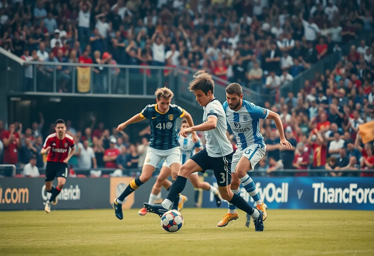 Action during a Mississippi State soccer match with players competing on the field.