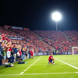 Fans cheering at Mississippi State soccer game