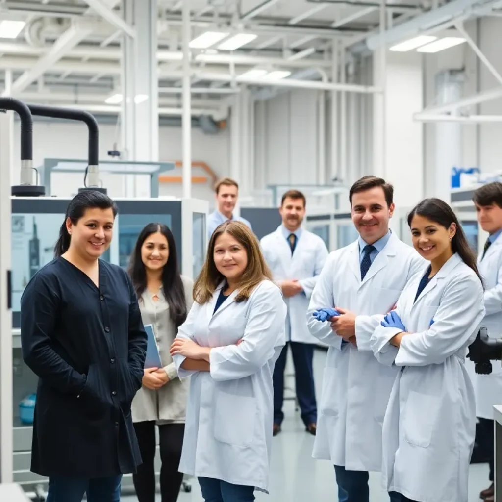 Researchers collaborating in an advanced manufacturing facility