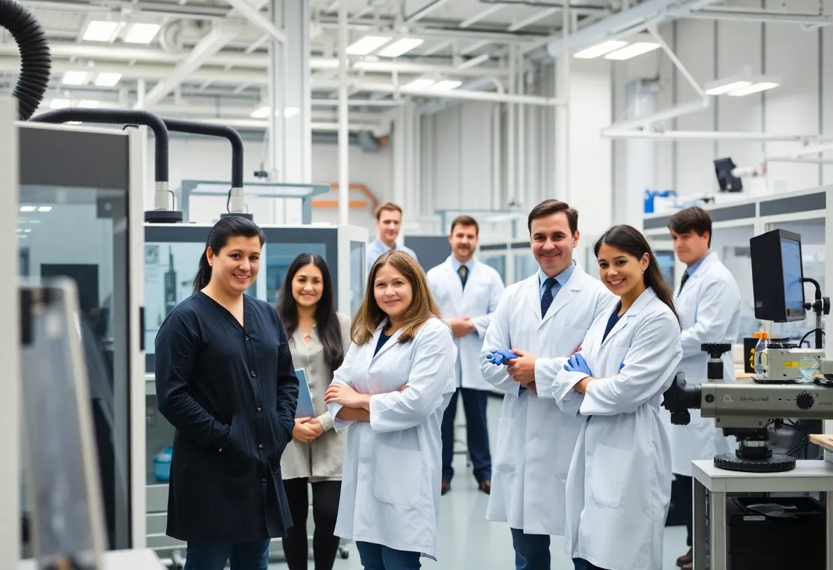 Researchers collaborating in an advanced manufacturing facility
