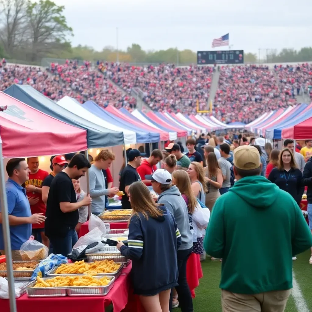 Crowd enjoying tailgating at MSU football game.
