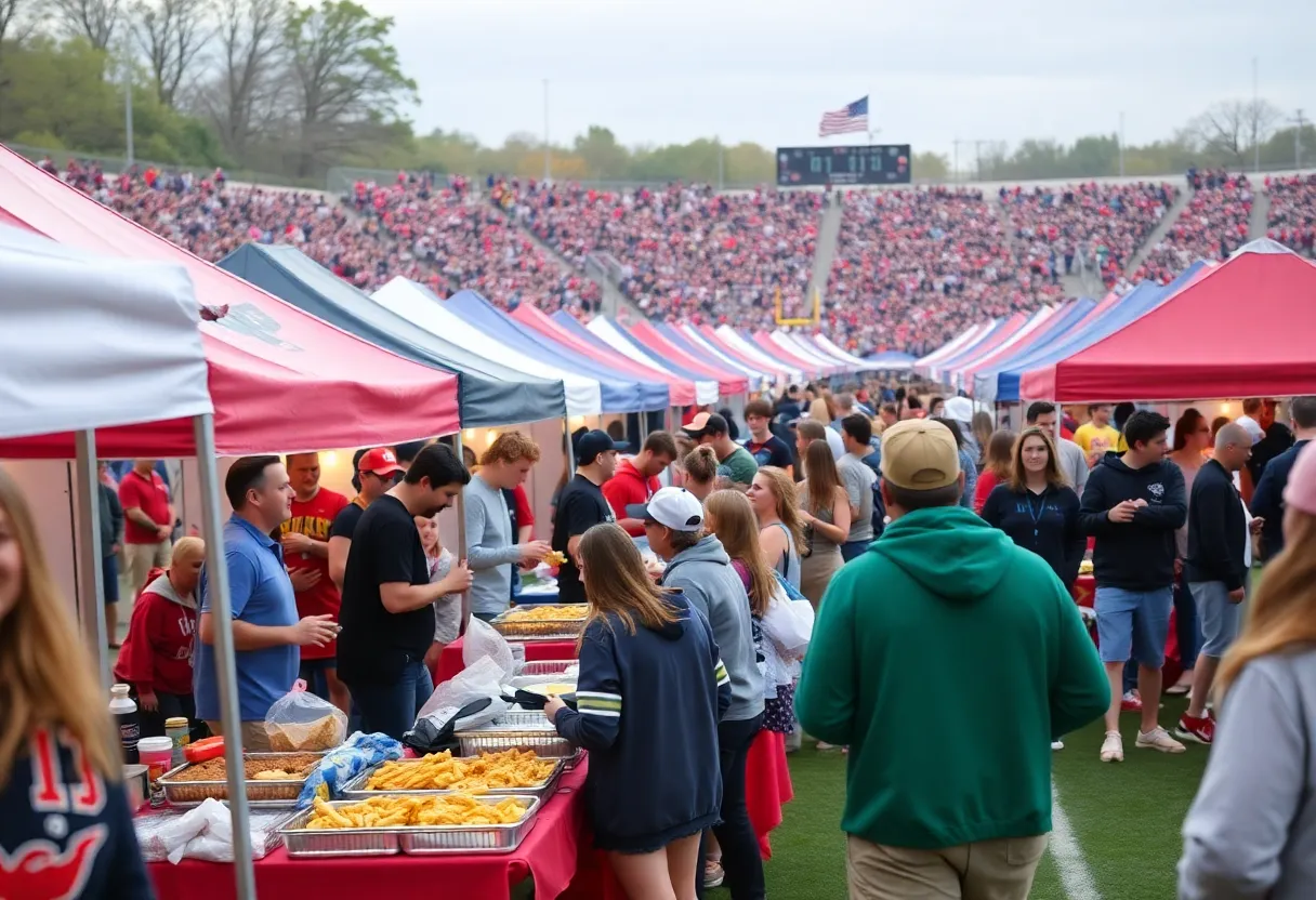 Crowd enjoying tailgating at MSU football game.