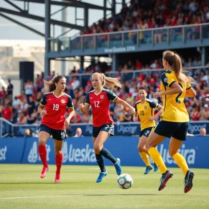 Mississippi State women's soccer team plays a match with enthusiastic fans in the background.