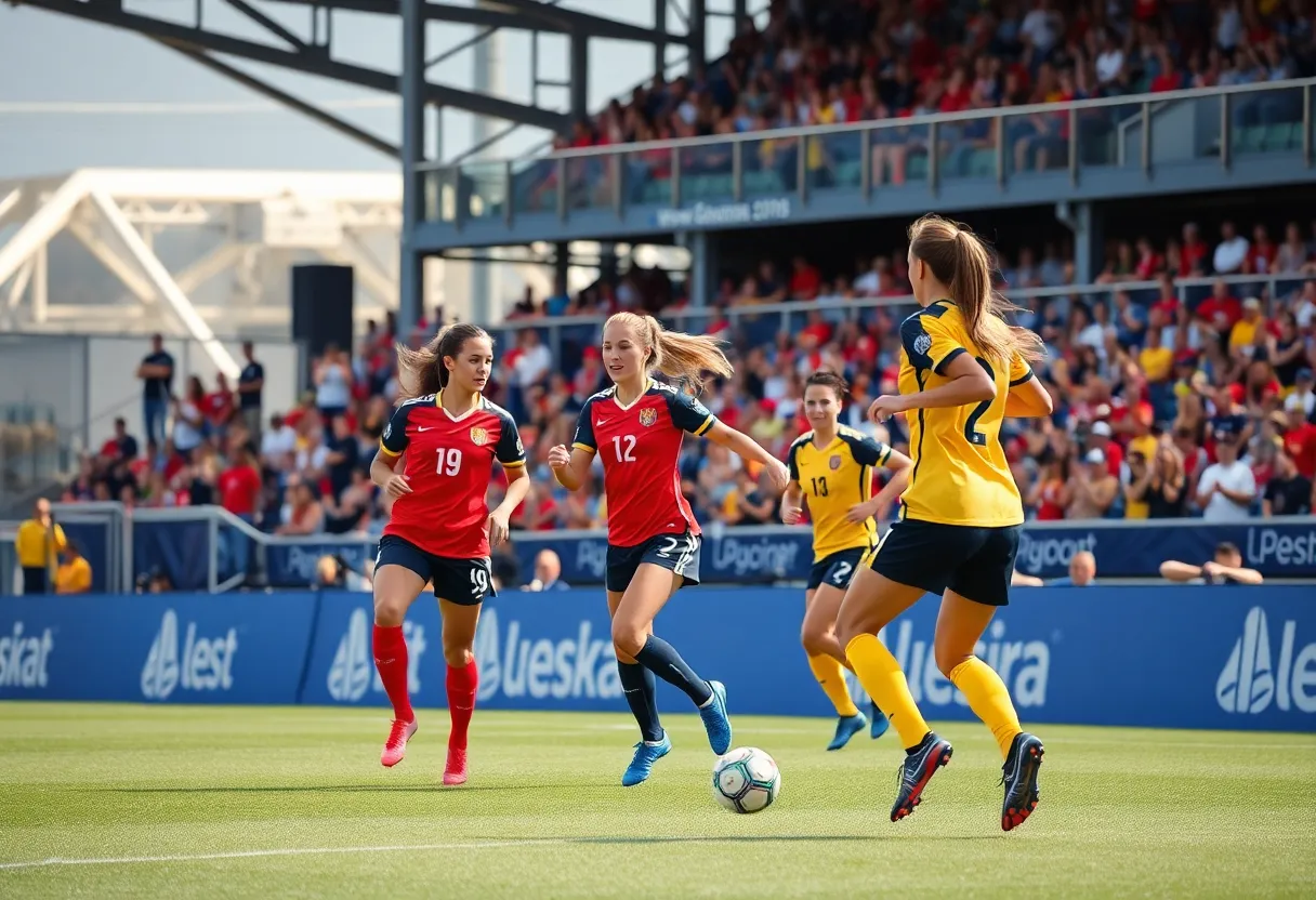Mississippi State women's soccer team plays a match with enthusiastic fans in the background.