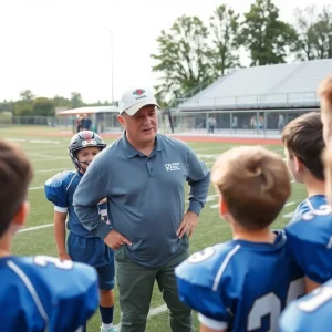 A football coach mentoring young athletes on a field