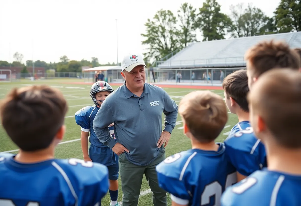 A football coach mentoring young athletes on a field
