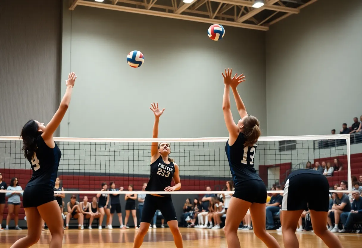 Starkville High School volleyball players competing during a match