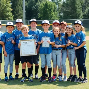 Young Starkville Little League players celebrating their sportsmanship award on the baseball field.