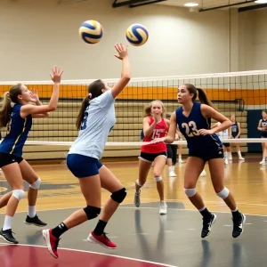 High school volleyball players in action during a game at Starkville High School.