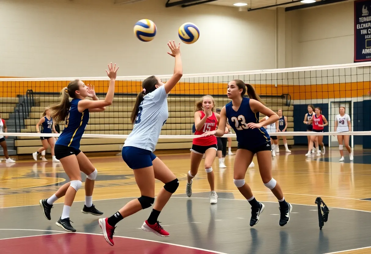 High school volleyball players in action during a game at Starkville High School.