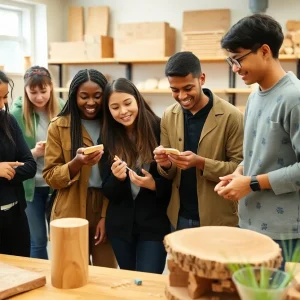 Students engaging in research on sustainable wood materials in a laboratory setting.
