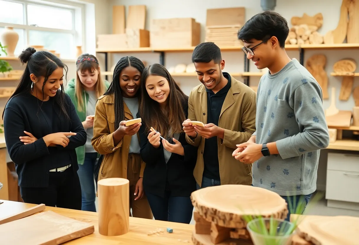 Students engaging in research on sustainable wood materials in a laboratory setting.