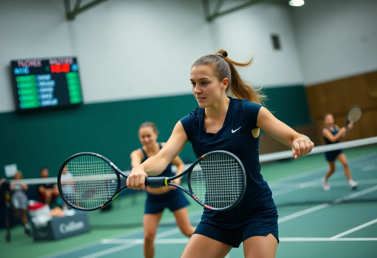 Texas Women's Tennis team celebrating a match victory indoors