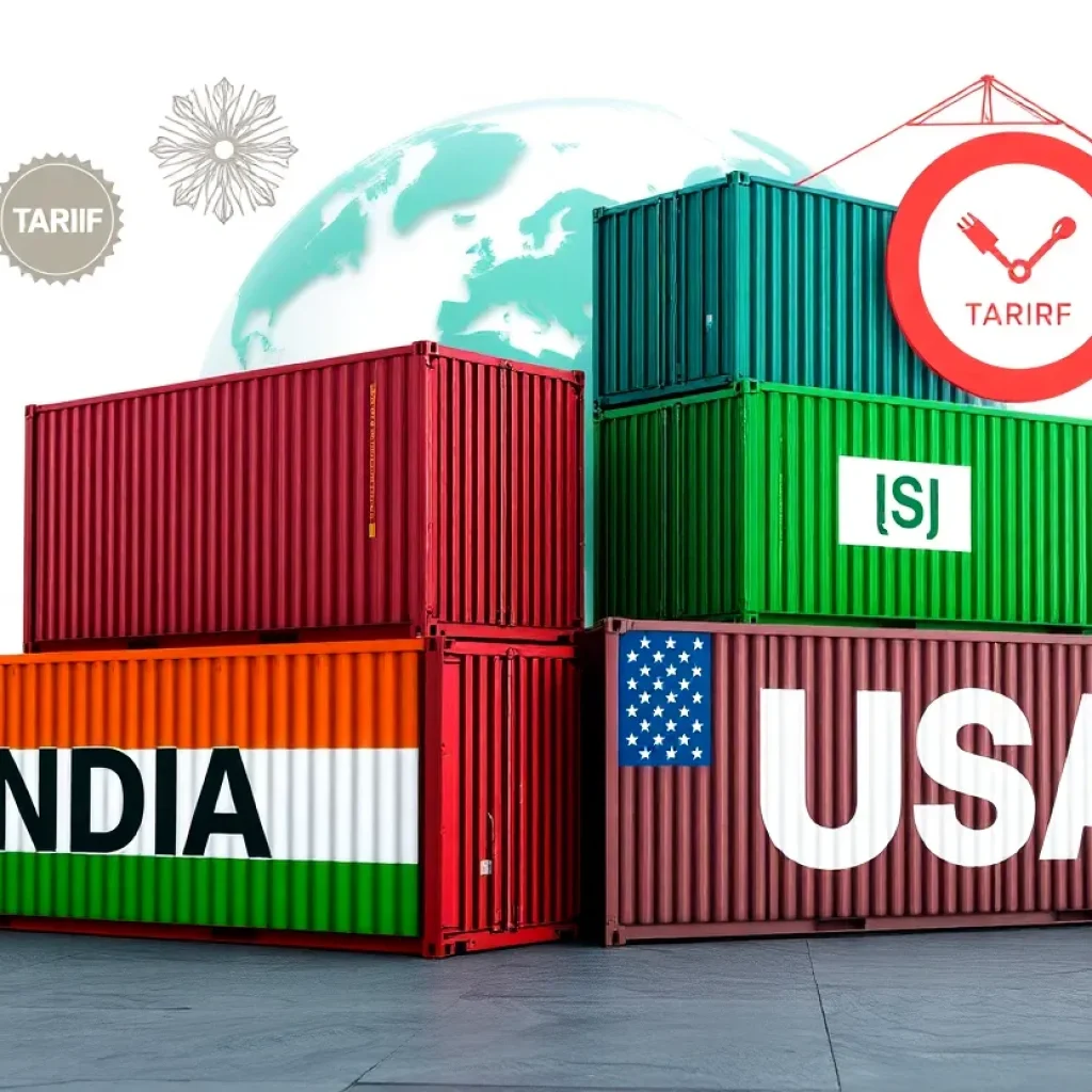 Illustration of shipping containers representing US and Indian trade with tariff symbols.