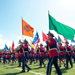 Marching band performing a tribute with colorful colorguard flags.