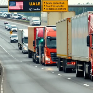 Highway with commercial trucks showing safety signs