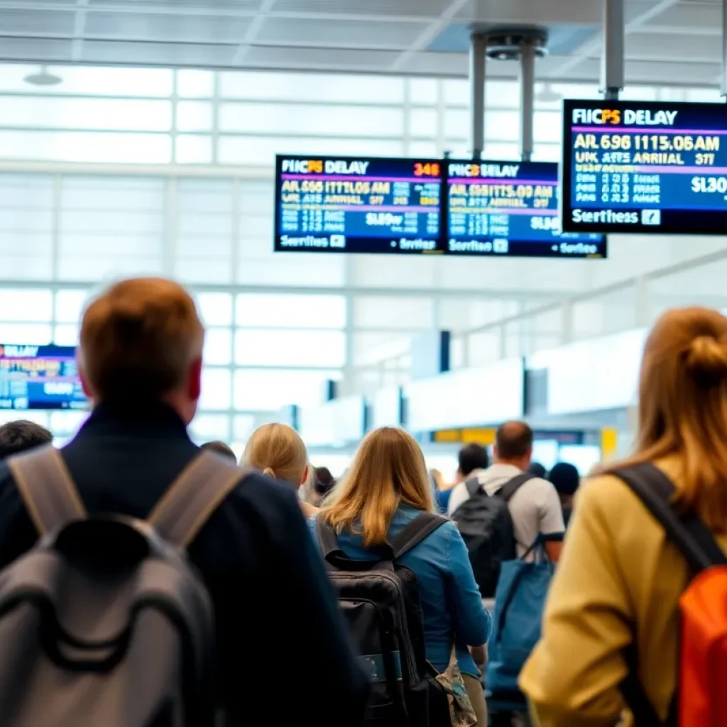 Passengers at an airport facing delays due to United Airlines grounding flights
