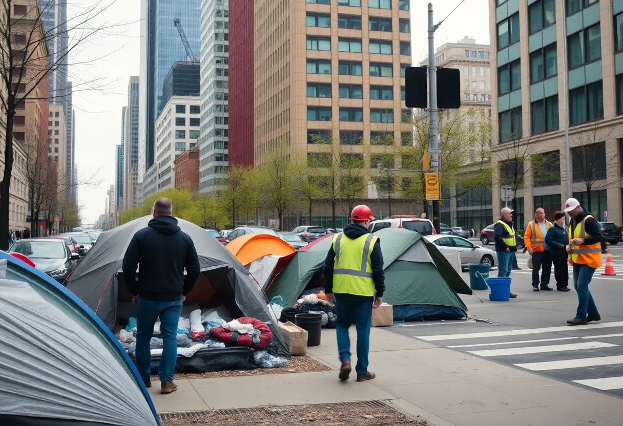 A city landscape depicting homeless encampments and urban workers engaged in cleanup efforts.