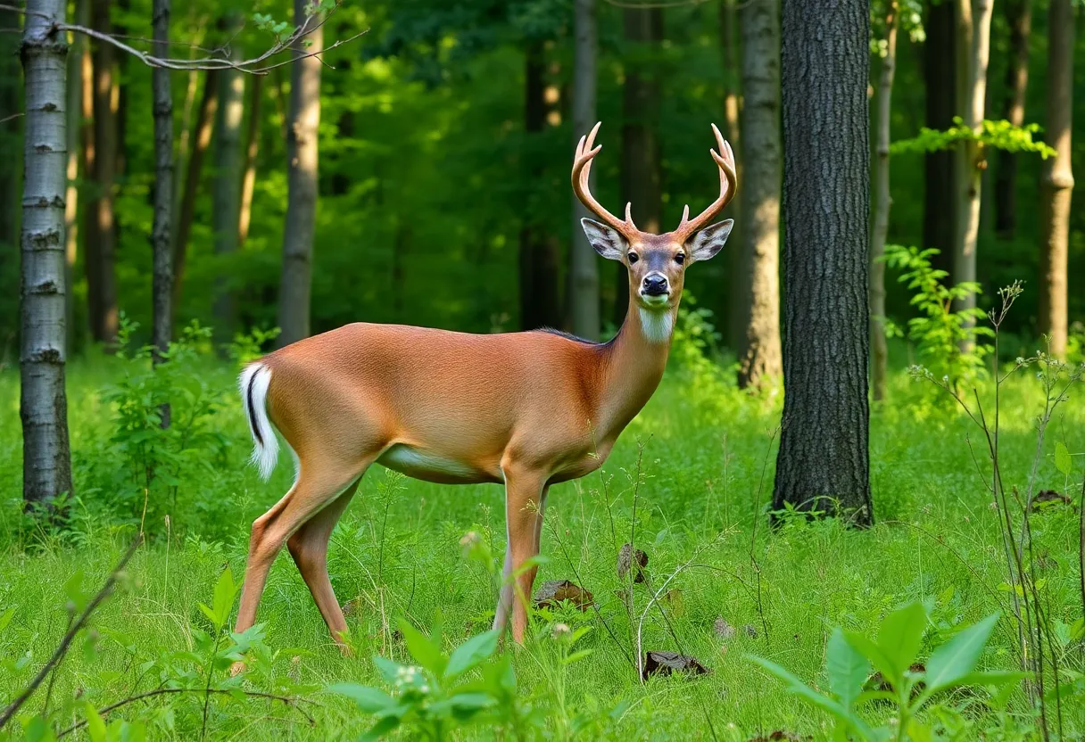 A white-tailed deer in a forest environment