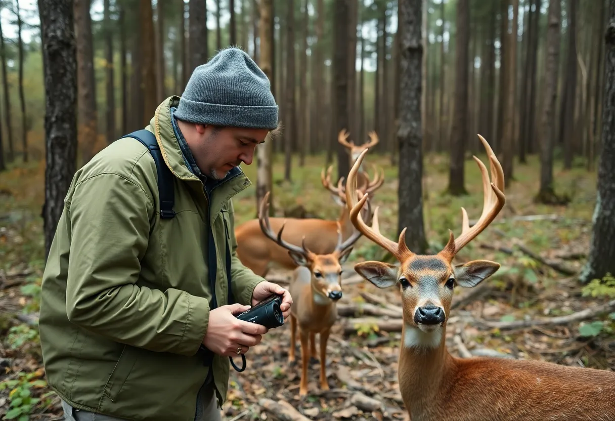 Researcher studying wildlife management practices in a forest