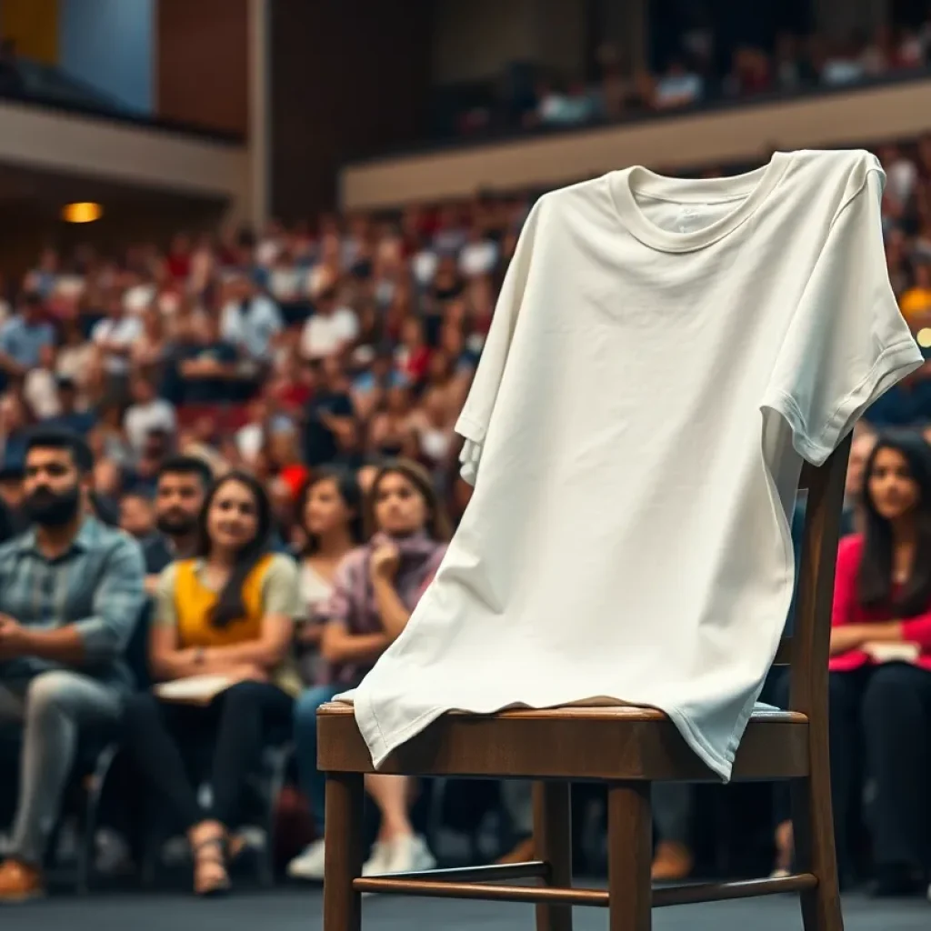 An empty chair with a tribute t-shirt at an event