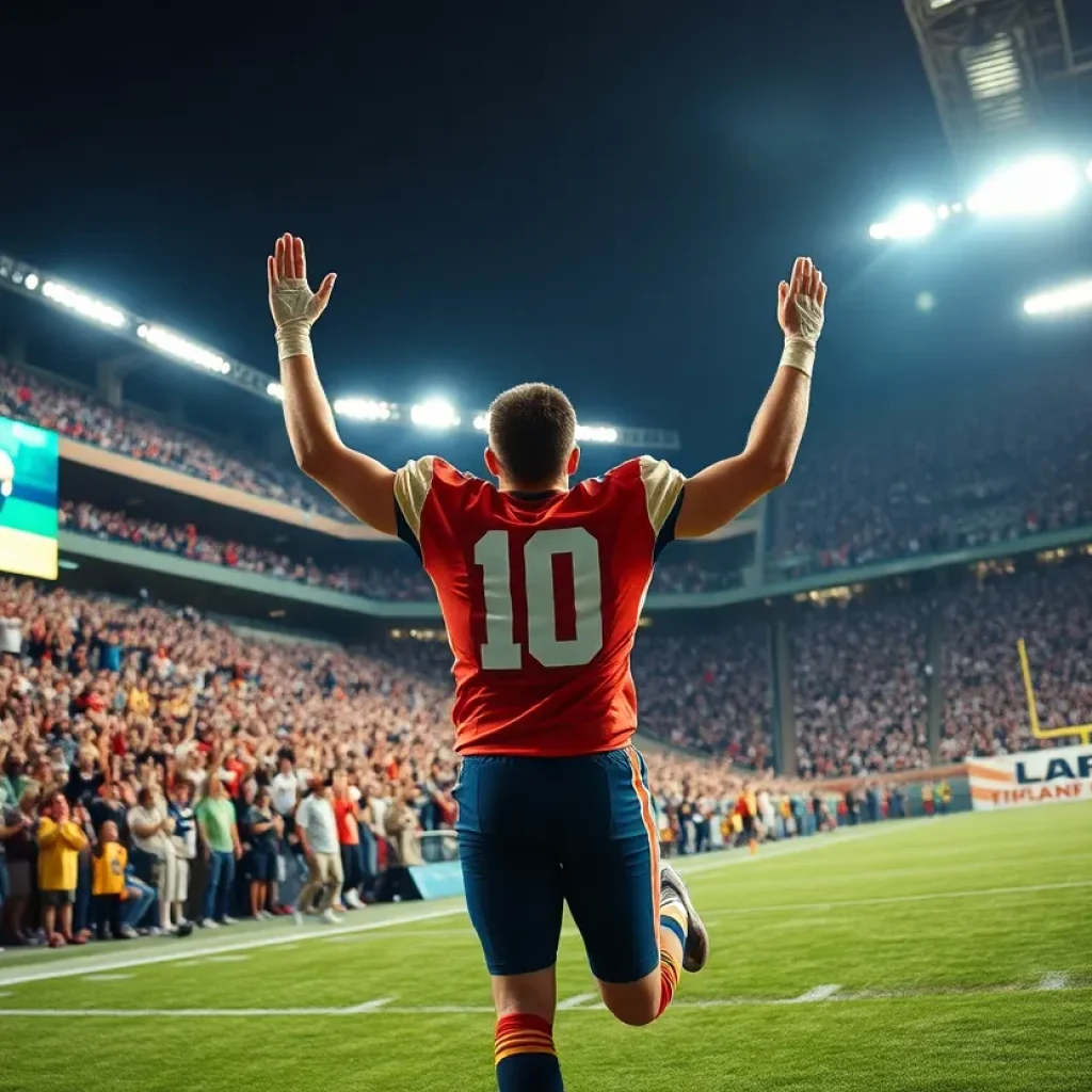 Football player celebrating a touchdown in a stadium with fans cheering.