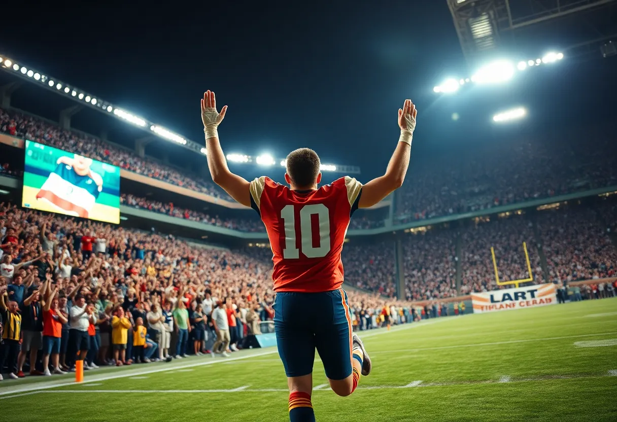Football player celebrating a touchdown in a stadium with fans cheering.