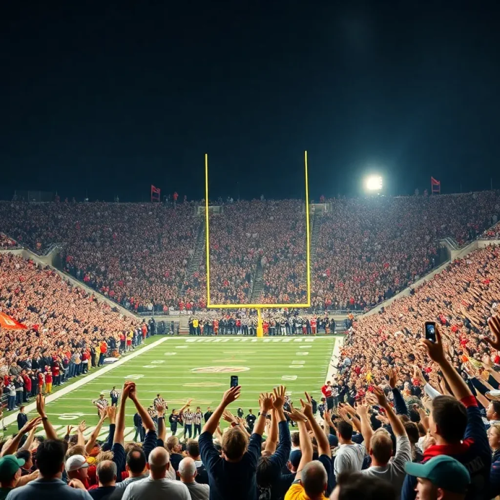 Fans celebrate in a stadium after Bulldogs' upset win over Arizona State.