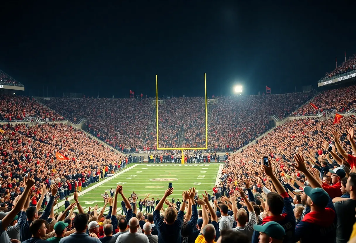 Fans celebrate in a stadium after Bulldogs' upset win over Arizona State.
