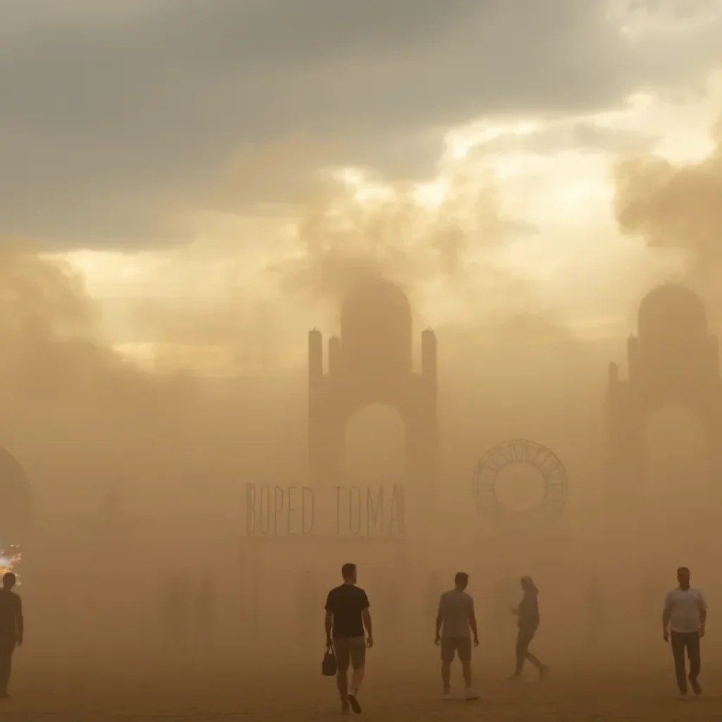 Dust storm overshadowing festivities at Burning Man festival.
