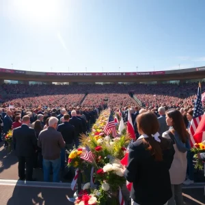 Large crowd at memorial service with floral tributes