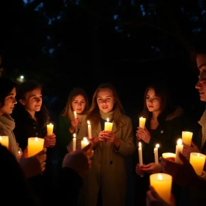Community members holding candles during a vigil for Charlie Kirk