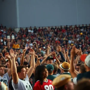 Fans cheering for their college football teams in a vibrant stadium.