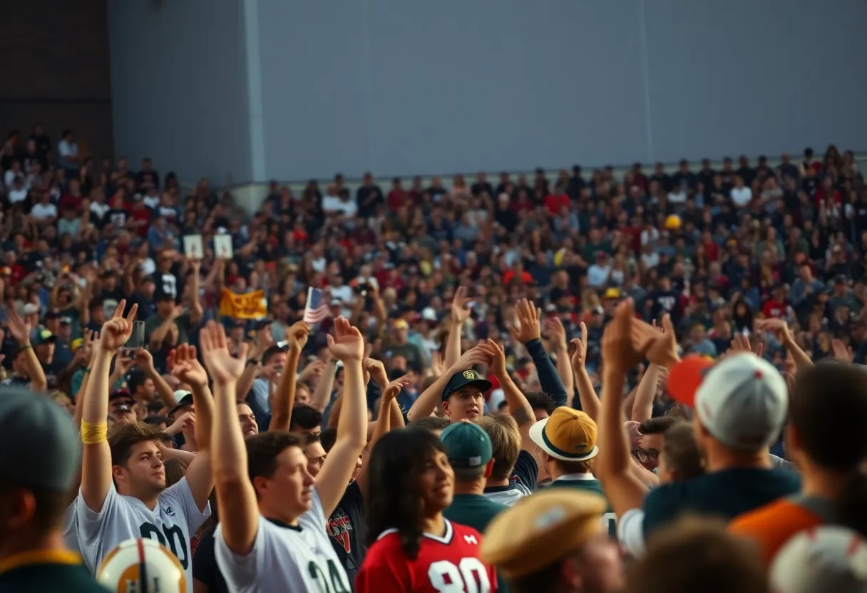 Fans cheering for their college football teams in a vibrant stadium.