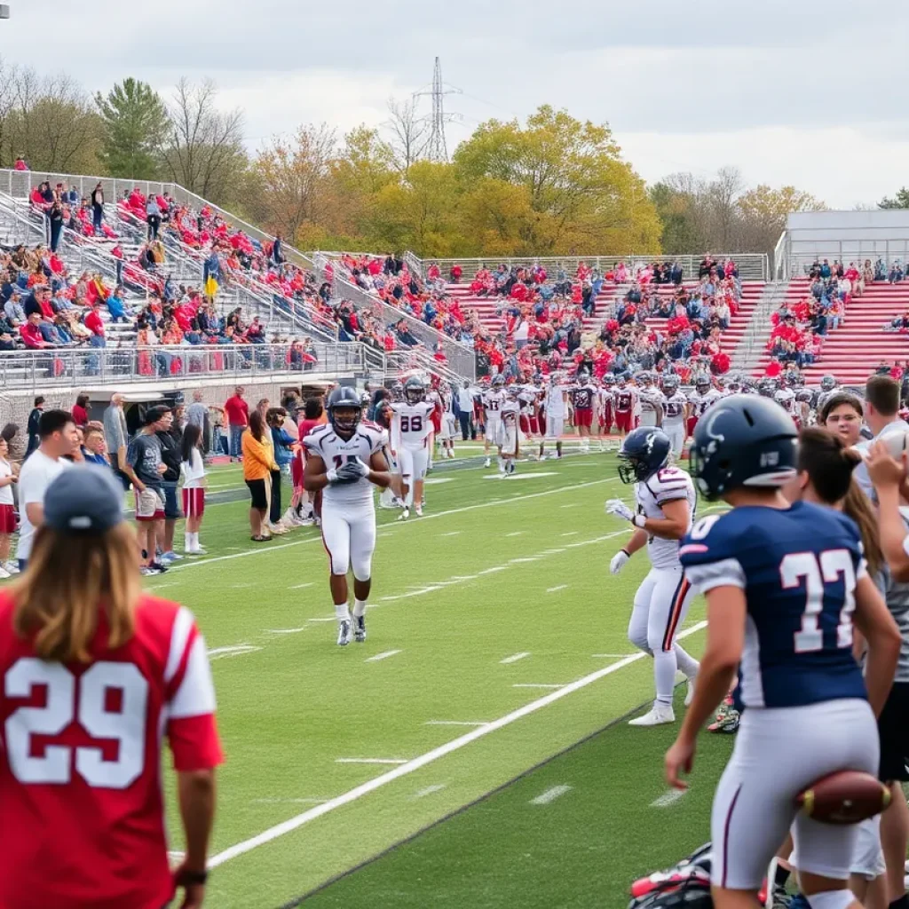 High school football players in action during a game with fans cheering in the background.