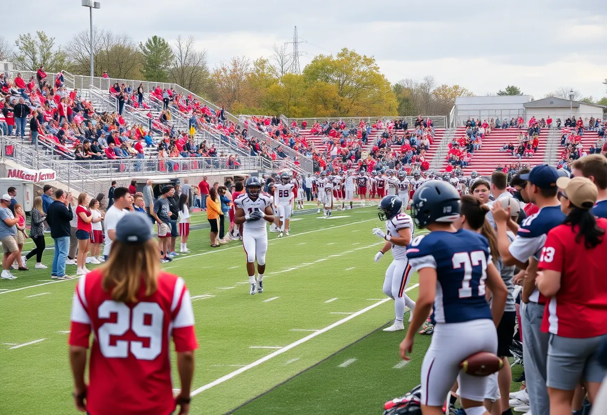 High school football players in action during a game with fans cheering in the background.