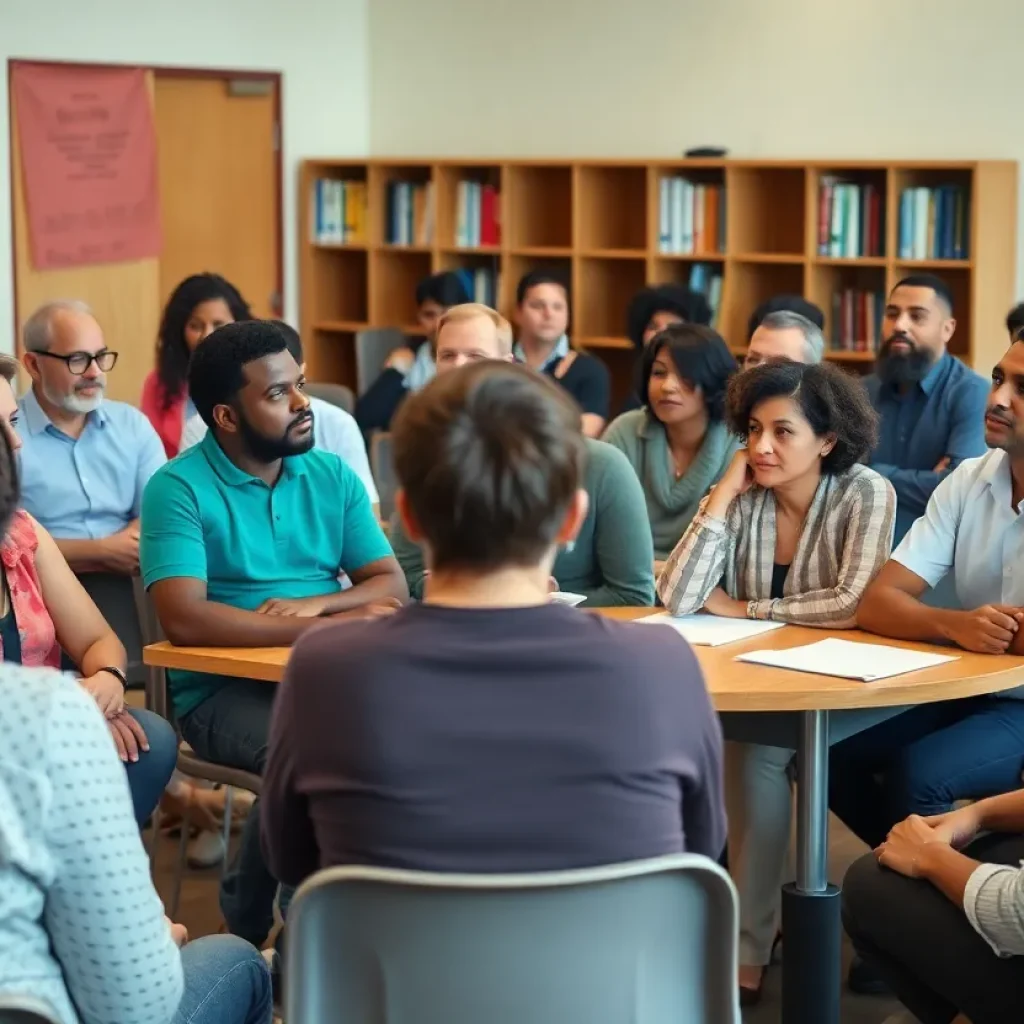 Community members engaged in discussion during a meeting regarding educator issues.