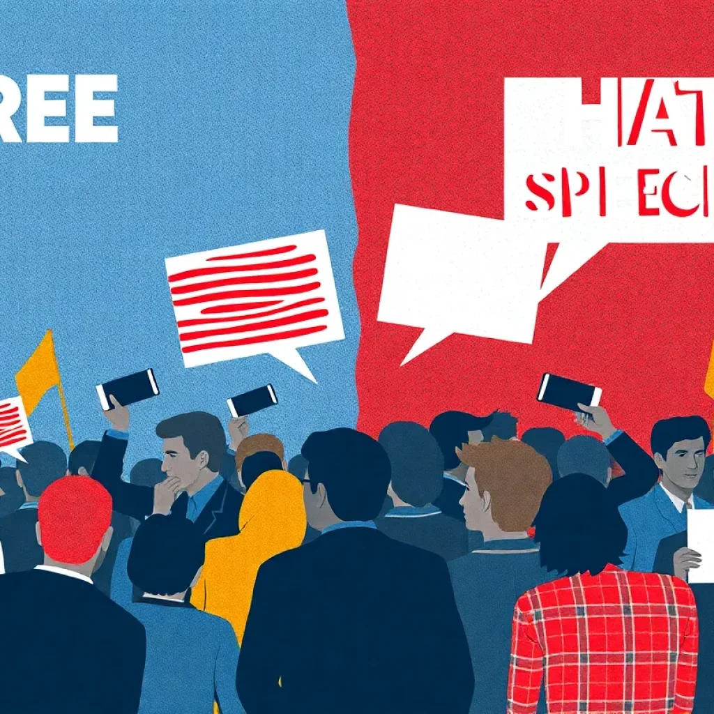 Abstract art symbolizing the divided opinions on free speech and hate speech reactions