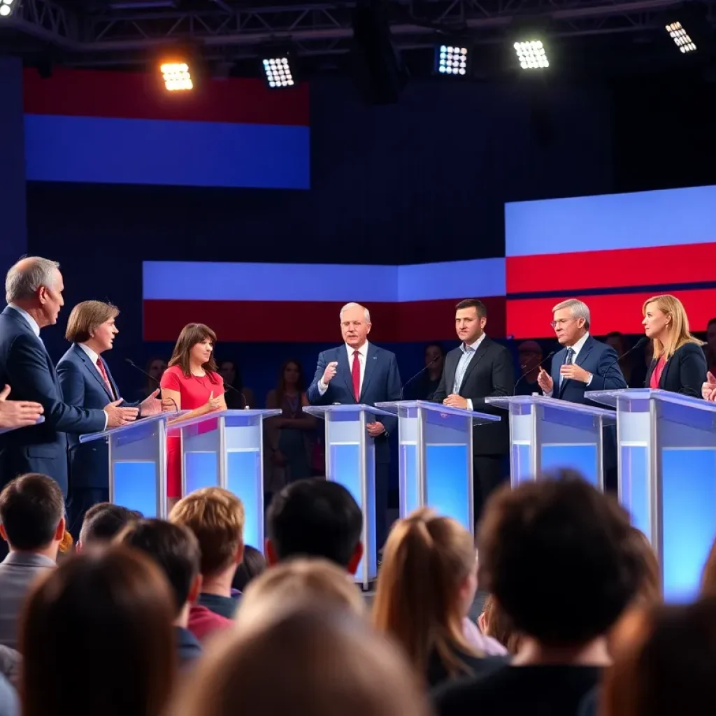 Diverse speakers on a debate stage with an engaged audience