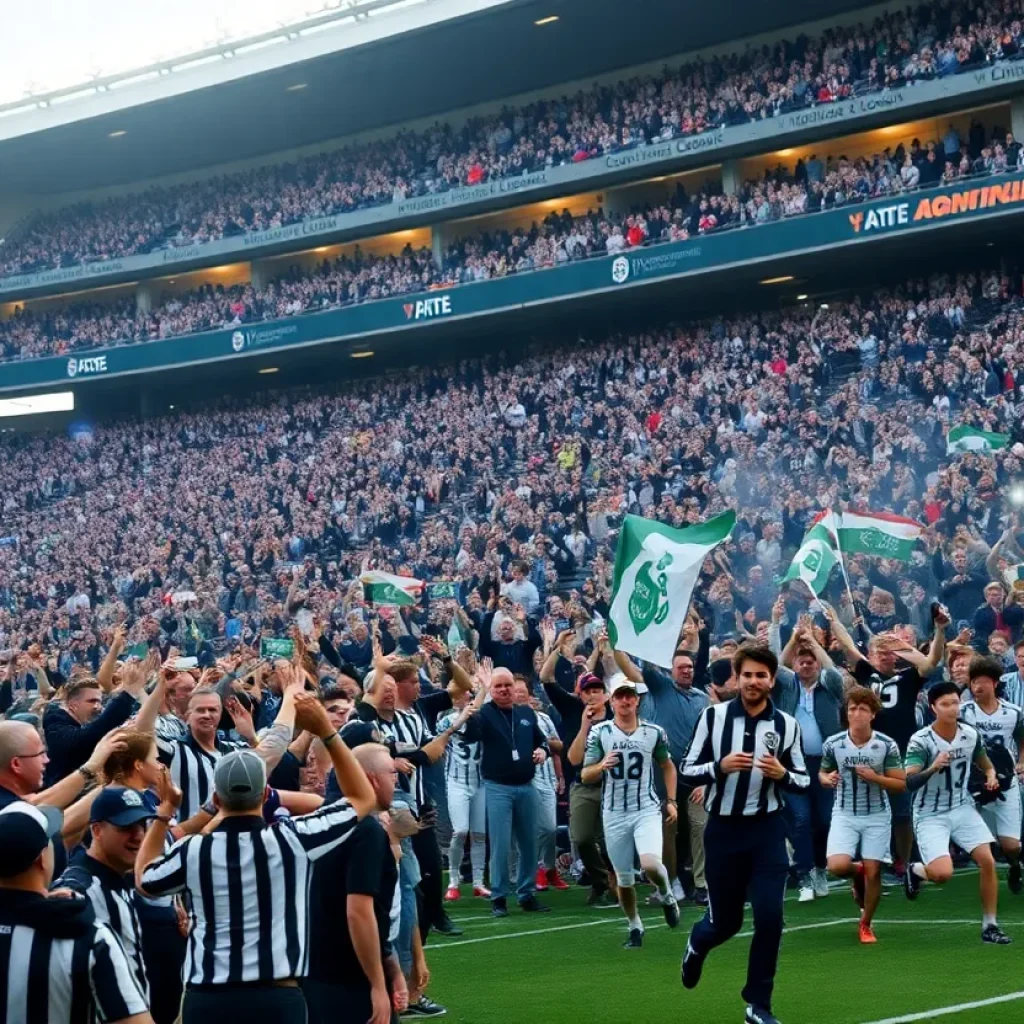 Fans celebrating and rushing the field after Mississippi State football game