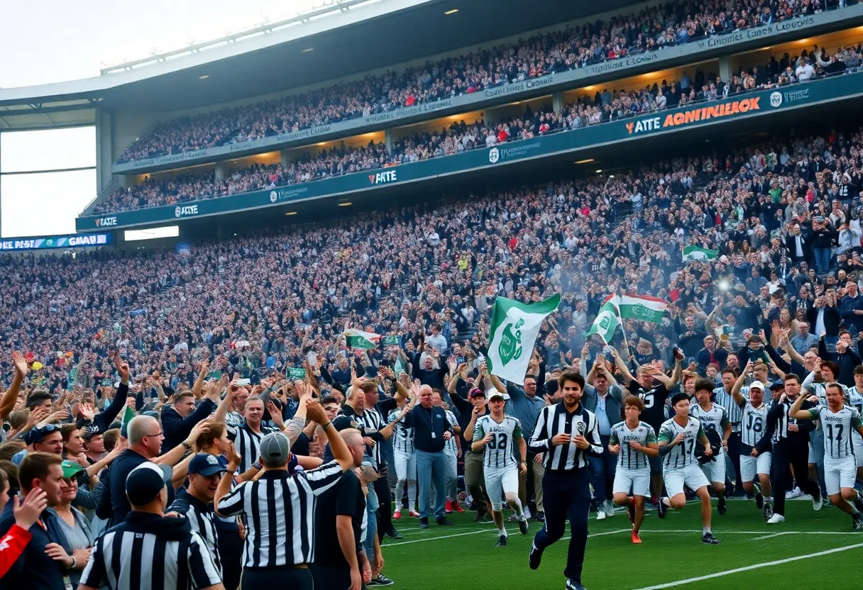 Fans celebrating and rushing the field after Mississippi State football game